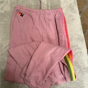 Aviator Nation Pink Joggers with Rainbow Stripes